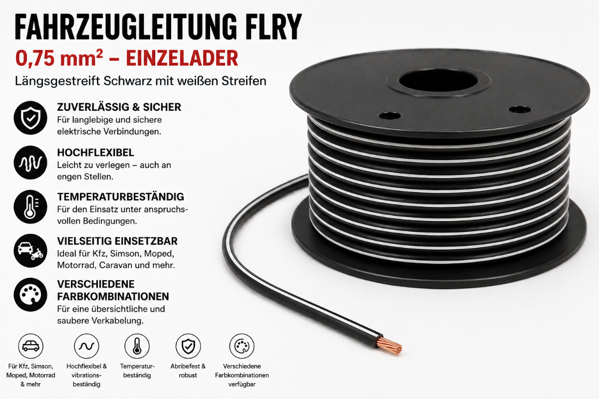 FLRY Fahrzeugleitung Kabel PVC-Isolierung Litze Aderleitung Fahrzeuglitze flexibel schwarz-rot 0,75mm