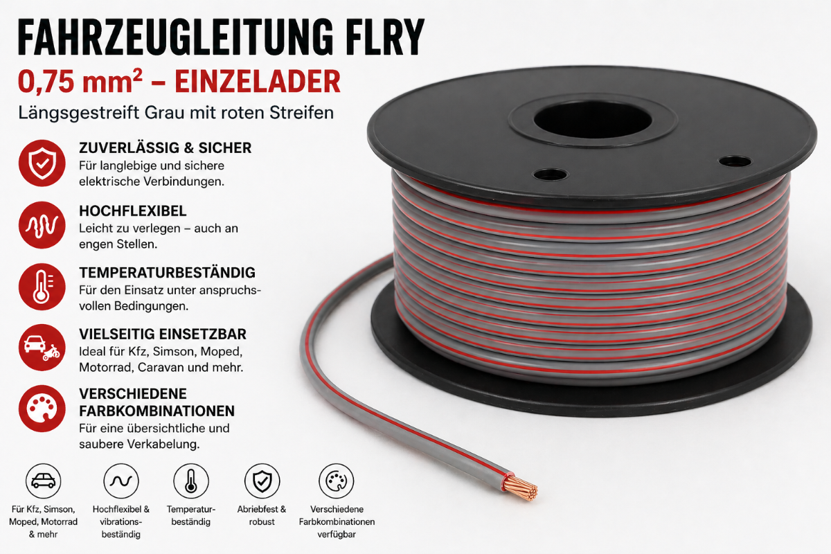 FLRY Fahrzeugleitung Kabel PVC-Isolierung Litze Aderleitung Fahrzeuglitze flexibel grau-rot 0,75mm