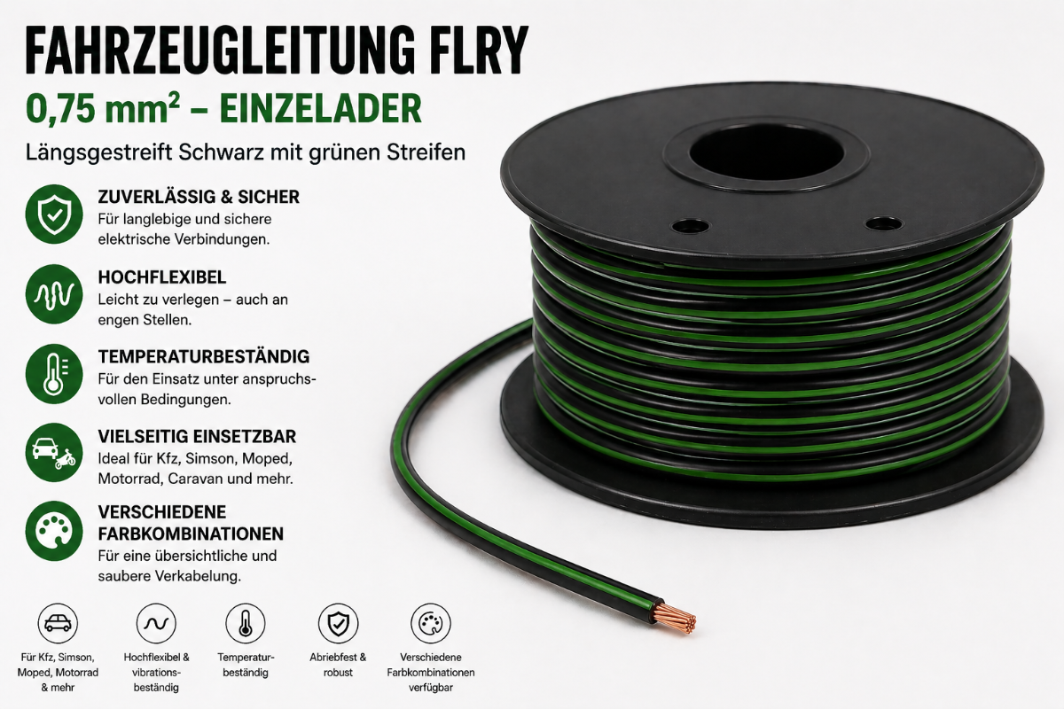 FLRY Fahrzeugleitung Kabel PVC-Isolierung Litze Aderleitung Fahrzeuglitze flexibel schwarz-grün 0,75mm