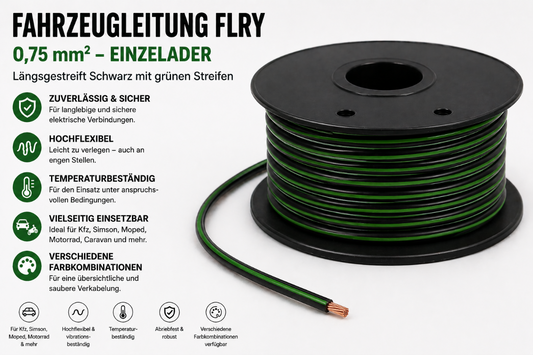 FLRY Fahrzeugleitung Kabel PVC-Isolierung Litze Aderleitung Fahrzeuglitze flexibel schwarz-grün 0,75mm