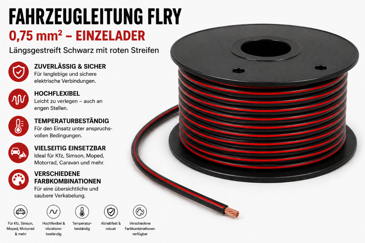 FLRY Fahrzeugleitung Kabel PVC-Isolierung Litze Aderleitung Fahrzeuglitze flexibel schwarz-rot 0,75mm²