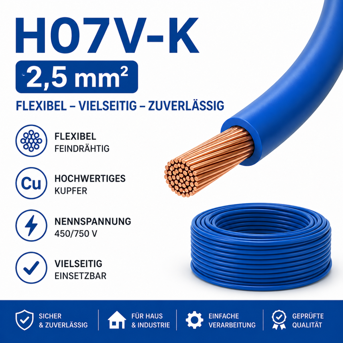 H07V-K Kabel PVC-Isolierung Litze Aderleitung Schaltlitze flexibel 2.5mm blau