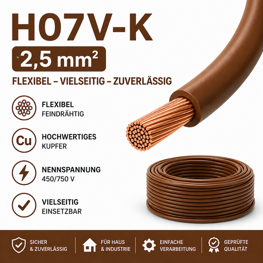H07V-K Kabel PVC-Isolierung Litze Aderleitung Schaltlitze flexibel 2.5mm braun