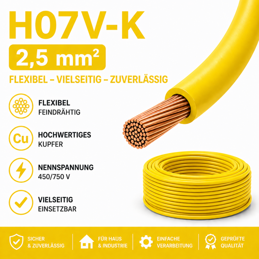 H07V-K Kabel PVC-Isolierung Litze Aderleitung Schaltlitze flexibel 2.5mm gelb
