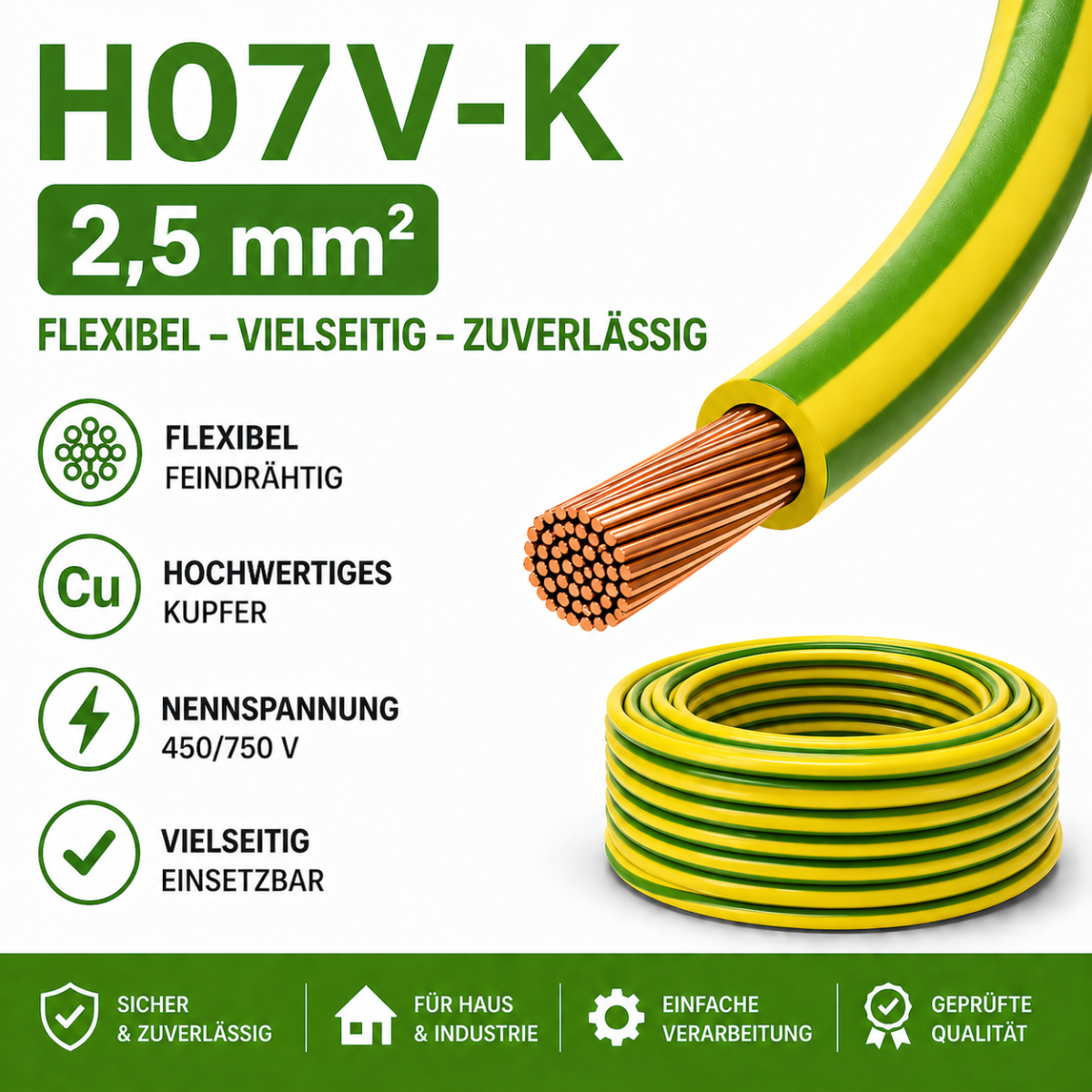 H07V-K Kabel PVC-Isolierung Litze Aderleitung Schaltlitze flexibel 2.5mm gelb-grün