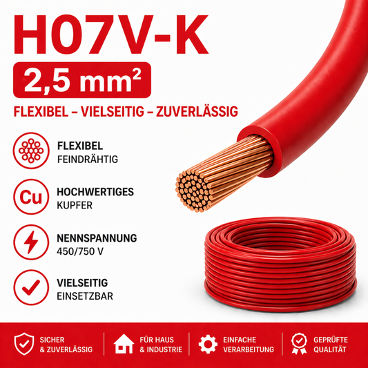H07V-K Kabel PVC-Isolierung Litze Aderleitung Schaltlitze flexibel 2.5mm rot