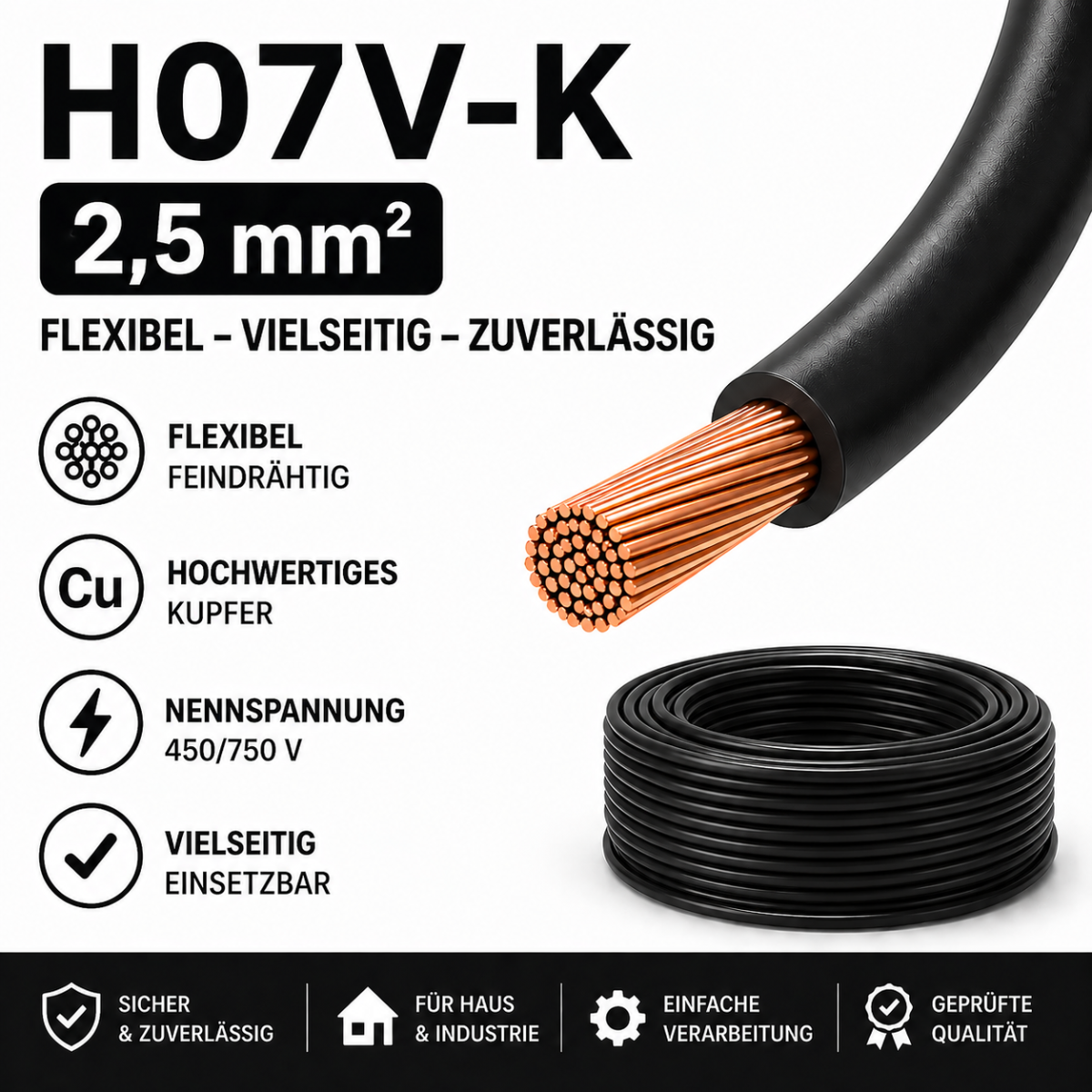 H07V-K Kabel PVC-Isolierung Litze Aderleitung Schaltlitze flexibel 2.5mm schwarz