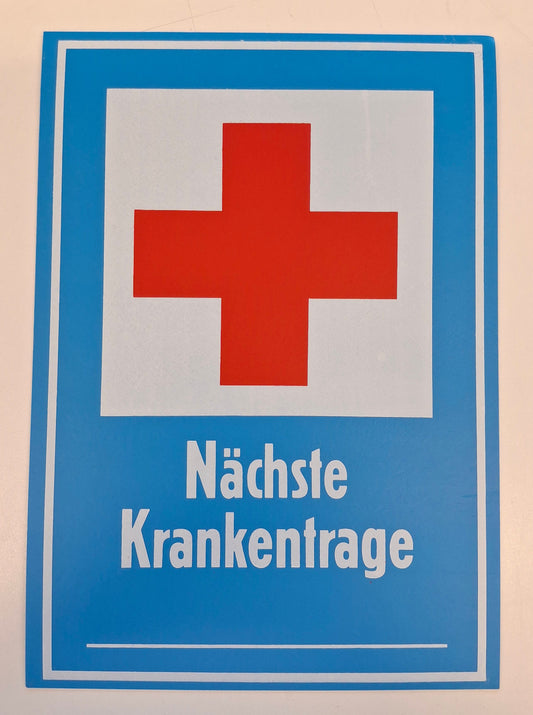 Original DDR Schild Erste Hilfe Nächste Krankentrage Vintage Industrieschild