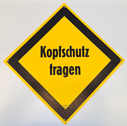 Original DDR Schild Kopfschutz tragen Arbeitsschutz Hinweisschild Signograph Vintage Industrieschild Gelb-schwarz