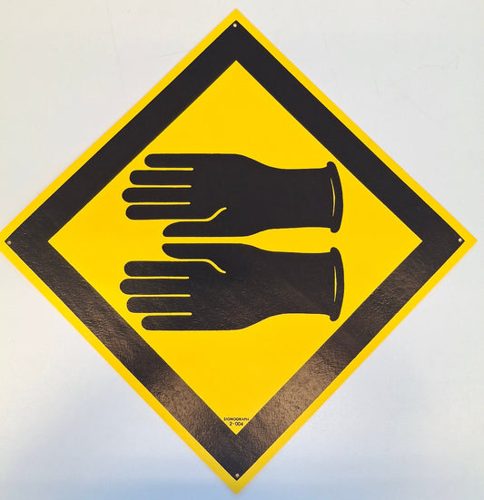 Original DDR Schild Schutzhandschuhe Arbeitschutz Hinweisschild Signograph Vintage Industrieschild Gelb schwarz