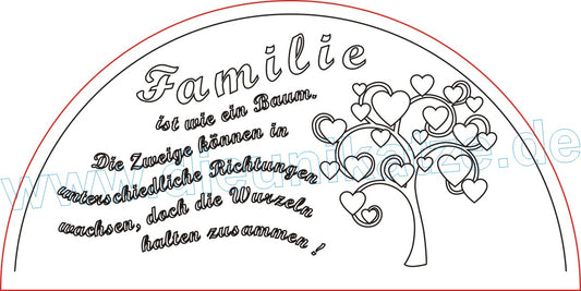 Laserdatei LED-Bogen Familie als digitaler Download im SVG- und DXF-Format mit Lebensbaum und Familienspruch für Lasercutter.