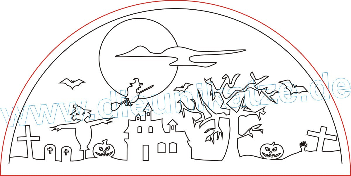 Laserdatei LED-Bogen Halloween als digitaler Download im SVG- und DXF-Format mit Hexe, Vollmond, Fledermäusen, Spukhaus und Kürbissen für Laser