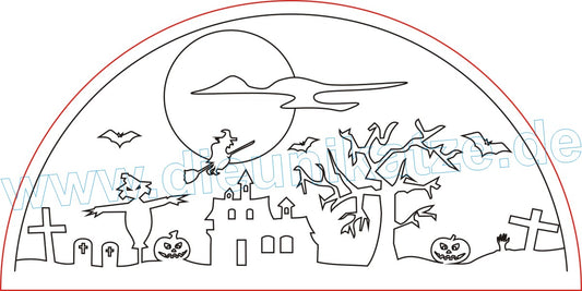 Laserdatei LED-Bogen Halloween als digitaler Download im SVG- und DXF-Format mit Hexe, Vollmond, Fledermäusen, Spukhaus und Kürbissen für Laser