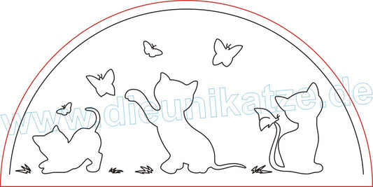 Laserdatei LED-Bogen Katzenmotiv als digitaler Download im SVG- und DXF-Format mit drei Katzen und Schmetterlingen für Lasermaschine