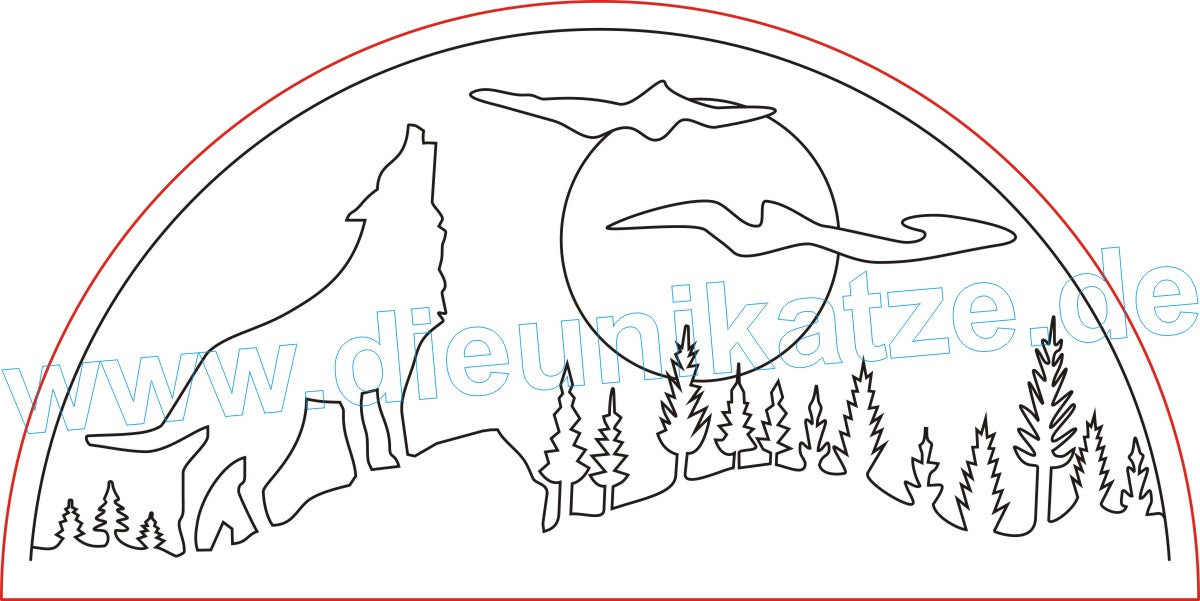 Laserdatei LED-Bogen Wolfsmotiv als digitaler Download im SVG- und DXF-Format mit heulendem Wolf, Vollmond und Nadelwald für Lasercutter
