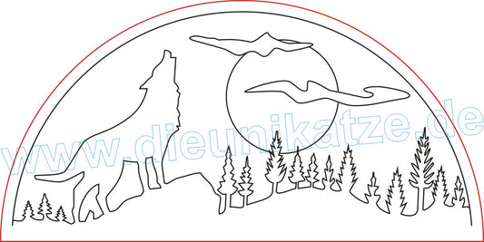 Laserdatei LED-Bogen Wolfsmotiv als digitaler Download im SVG- und DXF-Format mit heulendem Wolf, Vollmond und Nadelwald für Lasercutter